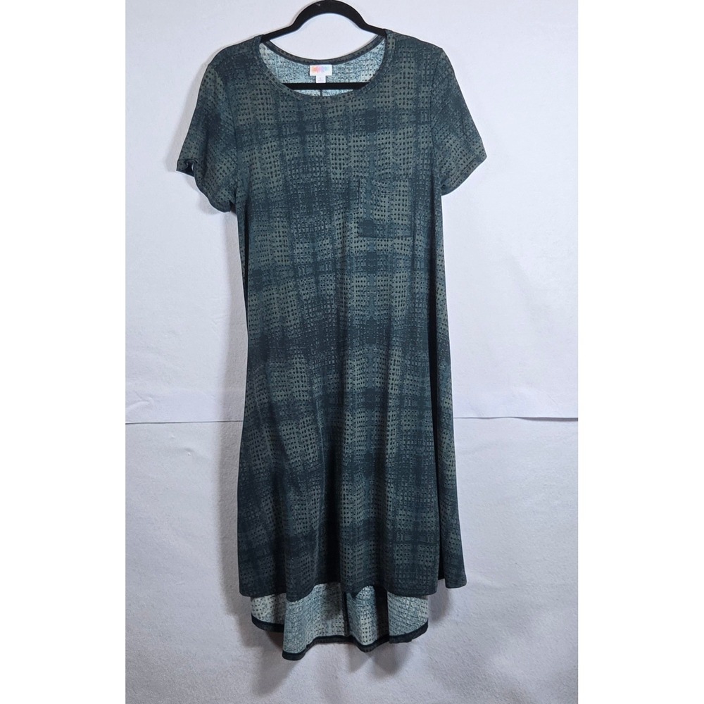 LuLaRoe Carly Dress Large Green Geometric Abstract High-Low Swing Lagenlook